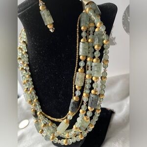 New Nastava Evergreen Prehnite Beads Statement Gold Necklace 19 - 26”
